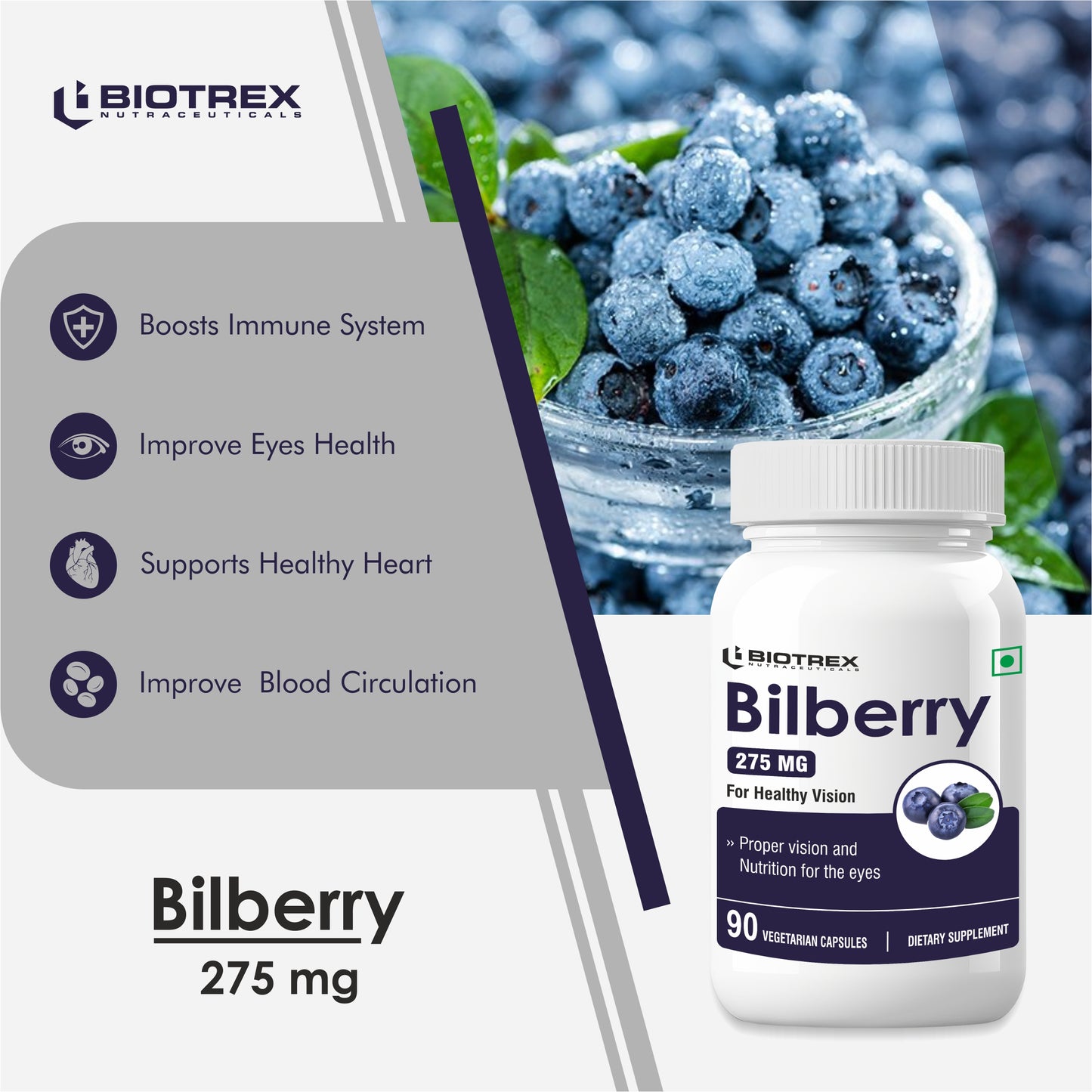 Biotrex Bilberry Extract 275mg 90 Veg Capsules