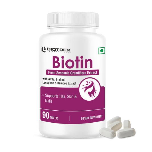 Biotrex Biotin Supplement For Hair, Skin & Nails, Enriched With Amla, Brahmi, Lycopene & Bamboo Extract - 90 Tablets