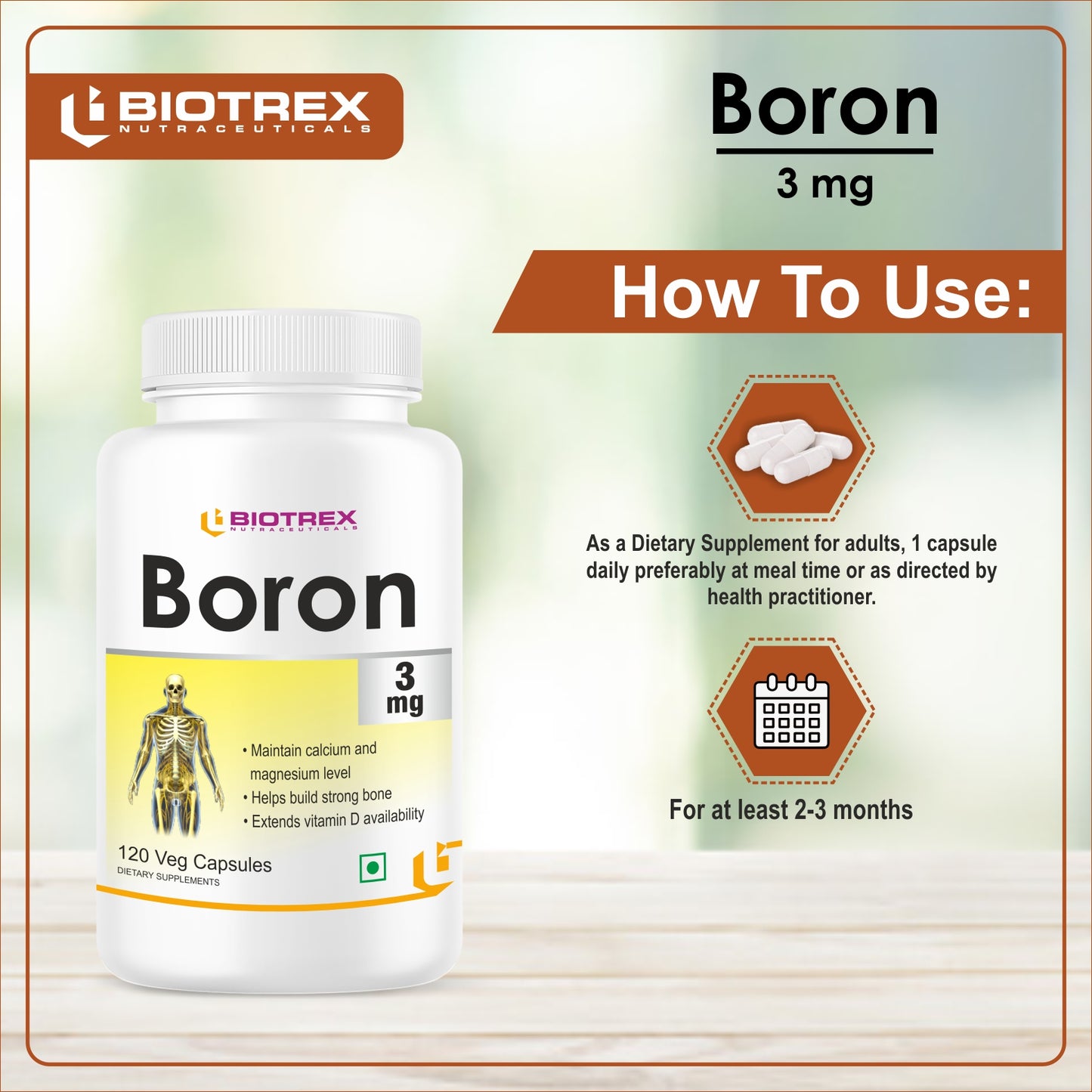 Biotrex Nutraceuticals Boron 3mg | Build Strong Bones | Improve Muscle Coordination | 120 Veg Capsules