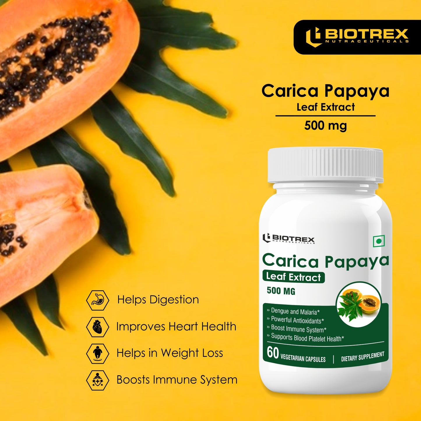 Biotrex Carica Papaya 500mg - 60 Capsules