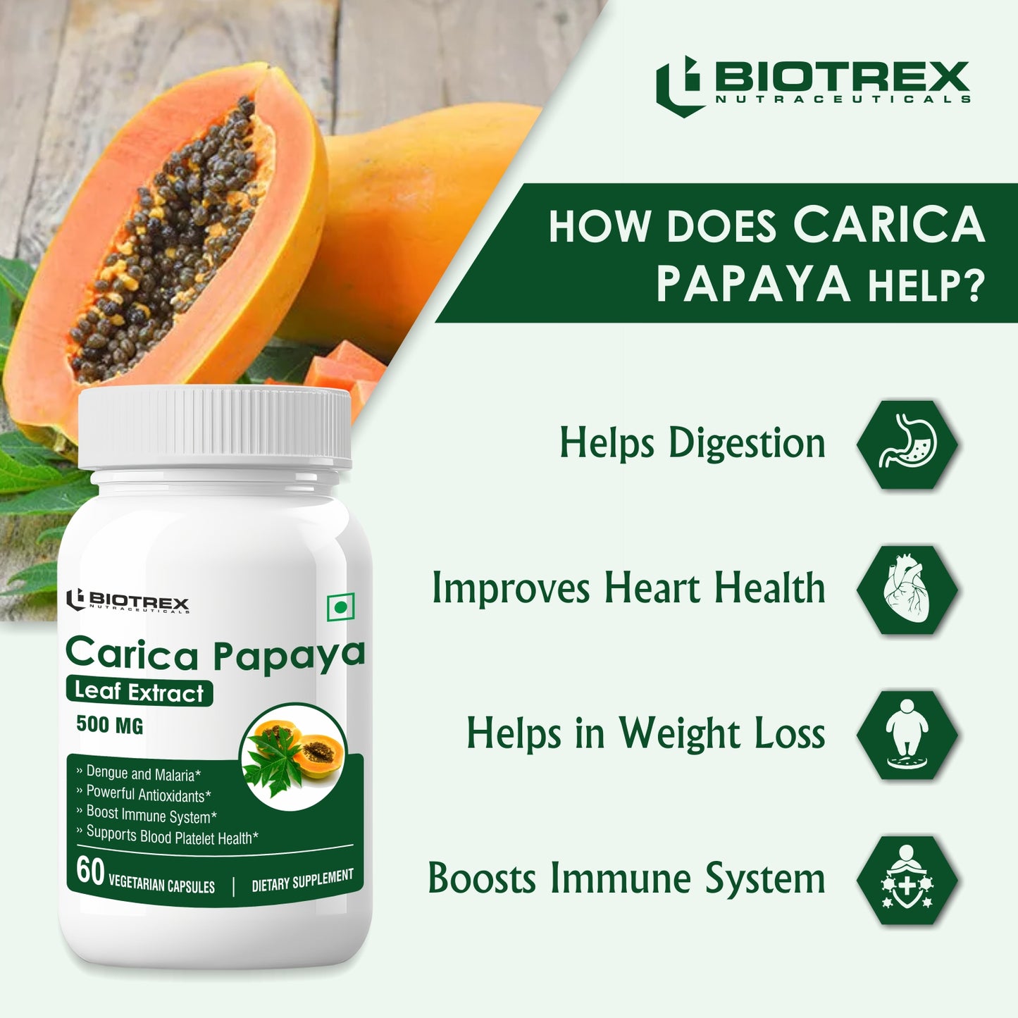 Biotrex Carica Papaya 500mg - 60 Capsules