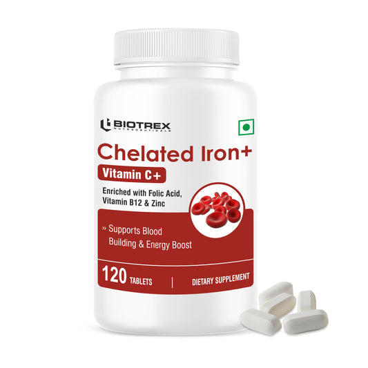 Biotrex Chelated Iron + Vitamin C, B12, Folic Acid & Zinc, Boost Hemoglobin Levels & Improves Concentration Levels, Energy & Blood Building - 120 Vegetarian Tablets