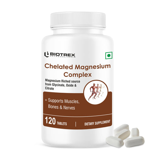 Biotrex Chelated Magnesium Complex, Magnesium Riched Source From Glycinate, Oxide & Citrate, Supports Bone, Muscle & Nerves Health - 120 Vegetarian Tablets