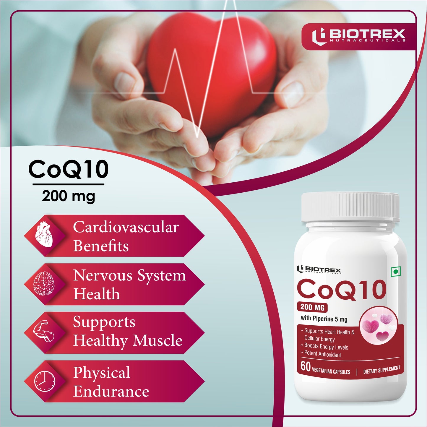 Biotrex High Bioavailabilty Coq10 200mg With 95% Purity Piperine 5mg (Coenzyme Q10) - 60 Vegetarian Capsules