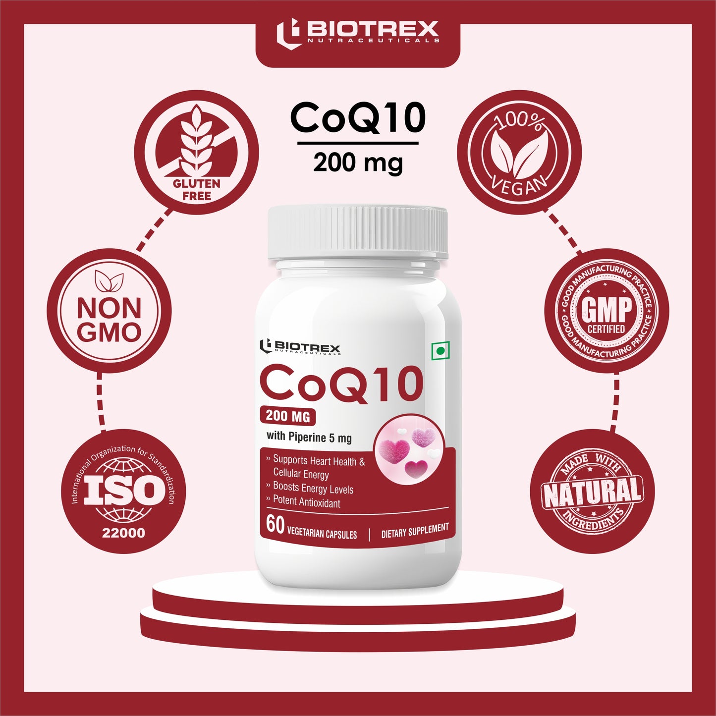 Biotrex High Bioavailabilty Coq10 200mg With 95% Purity Piperine 5mg (Coenzyme Q10) - 60 Vegetarian Capsules