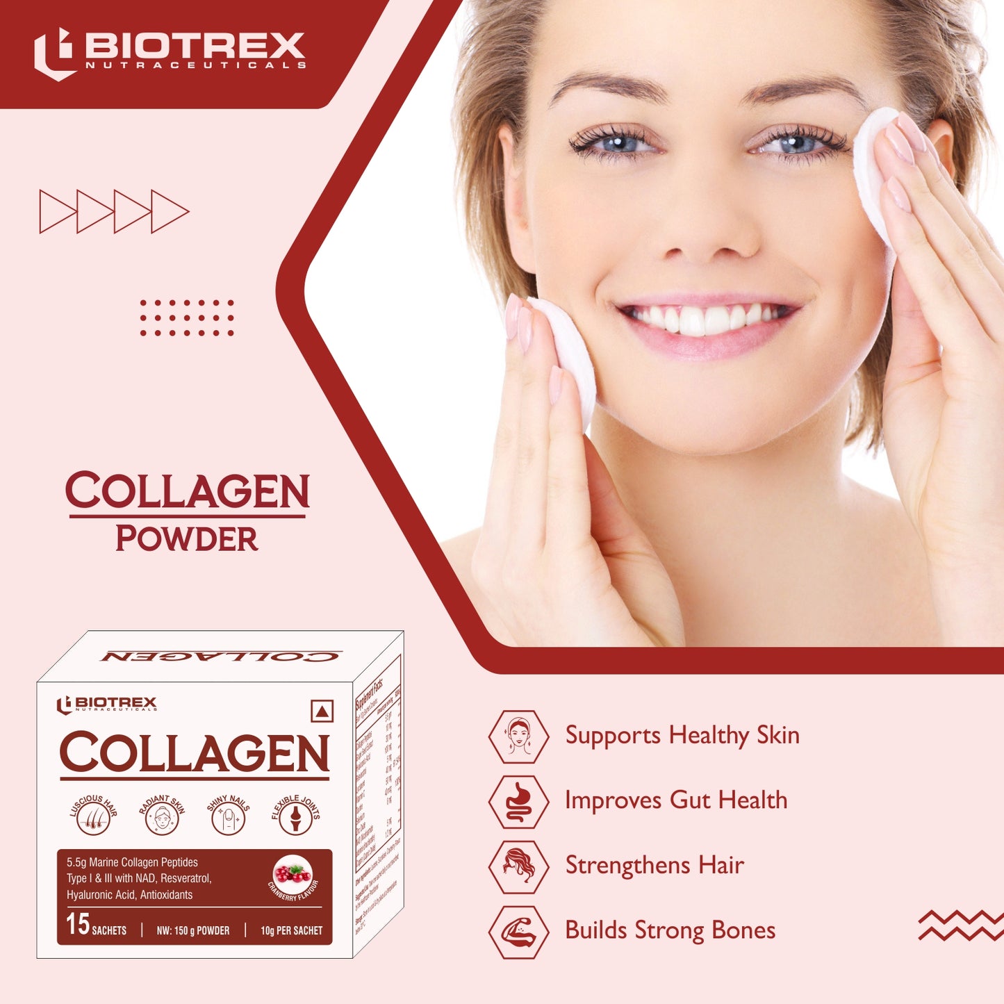 Biotrex Collagen Powder Supplement - 15 Sachets For Men & Women, Marine Collagen Powder Supports Healthy Skin, Luscious Hair, Flexible Joints, Shiny Nails, Cranberry Flavour