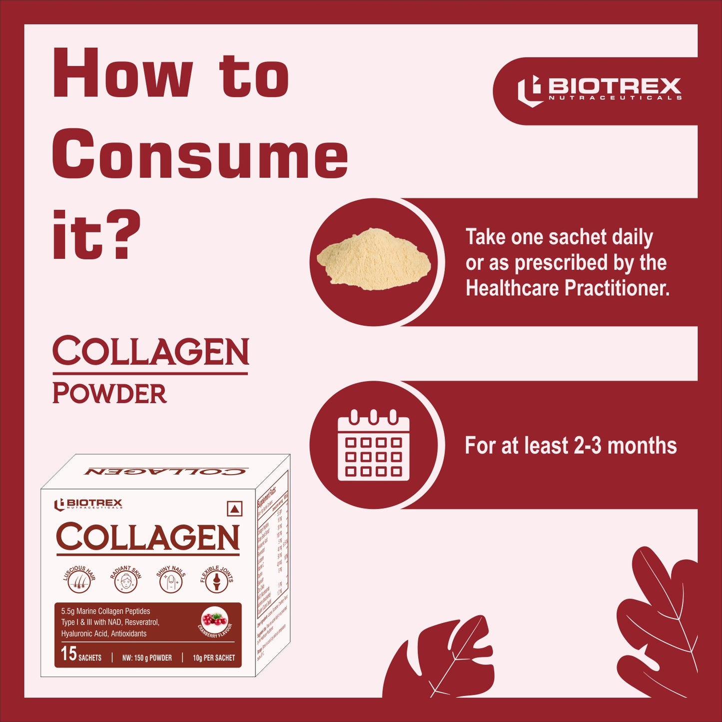 Biotrex Collagen Powder Supplement - 15 Sachets For Men & Women, Marine Collagen Powder Supports Healthy Skin, Luscious Hair, Flexible Joints, Shiny Nails, Cranberry Flavour