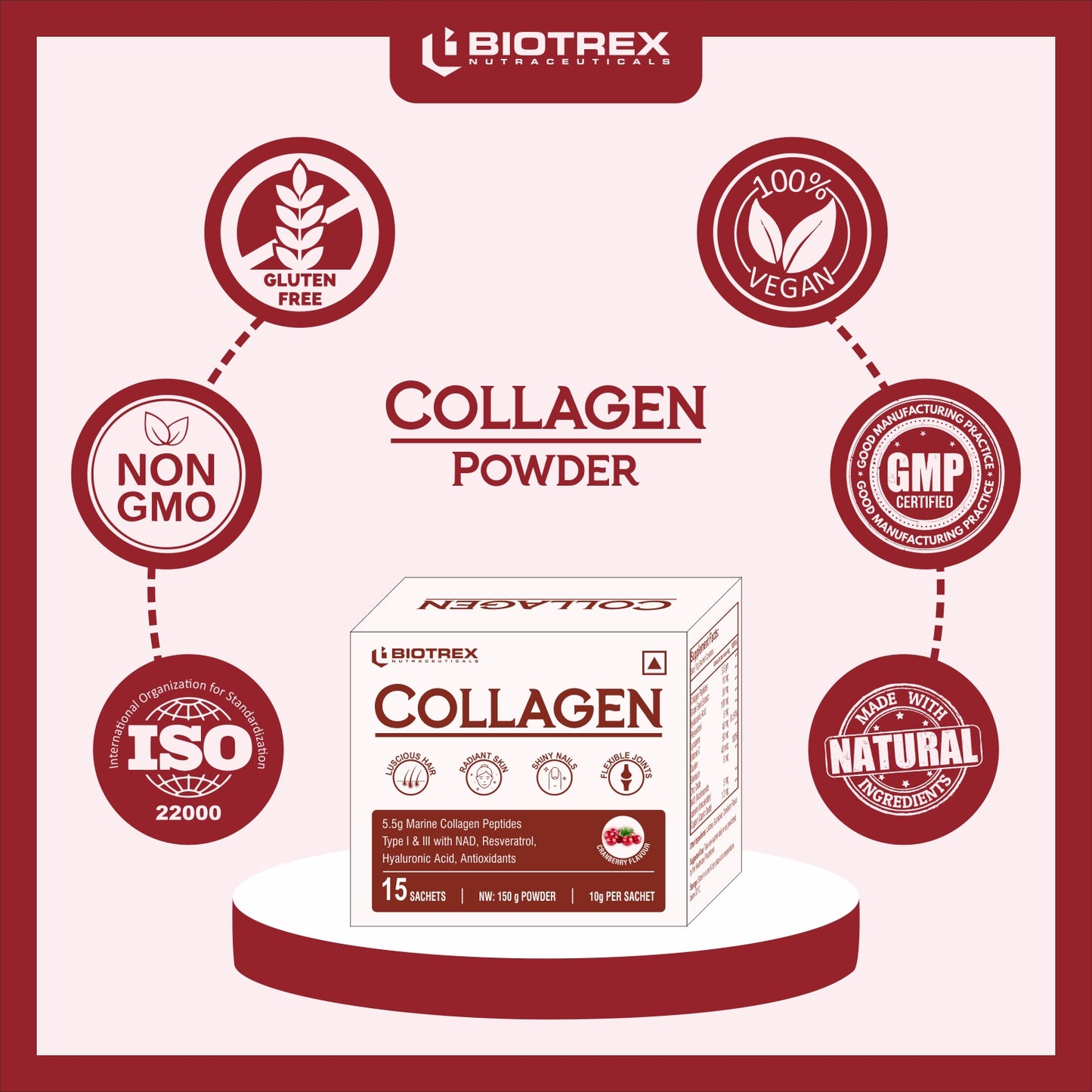 Biotrex Collagen Powder Supplement - 15 Sachets For Men & Women, Marine Collagen Powder Supports Healthy Skin, Luscious Hair, Flexible Joints, Shiny Nails, Cranberry Flavour