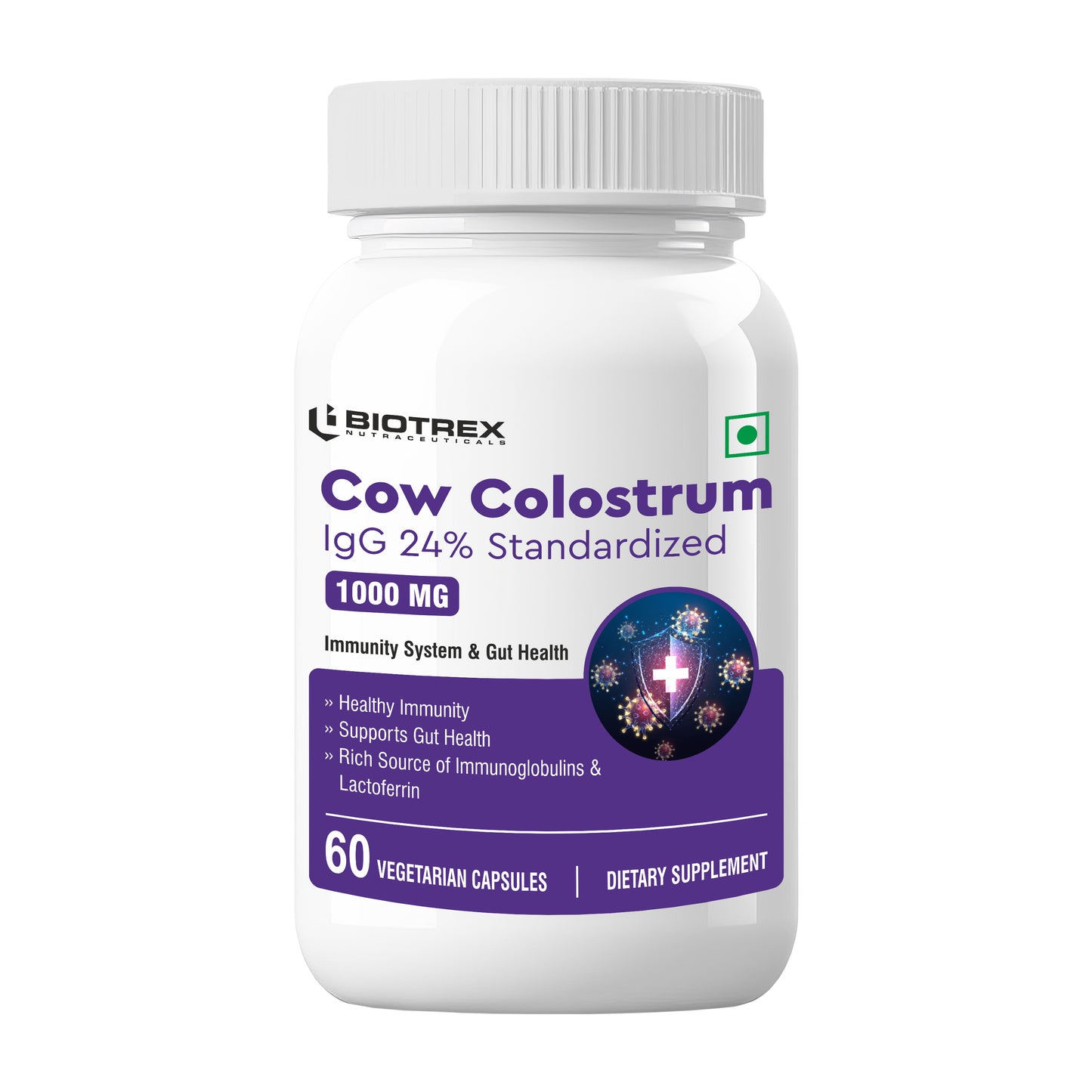 Biotrex Cow Colostrum 1000mg, 24% IgG, Supports Gut Health & Immune Health - 60 Vegetarian Capsules