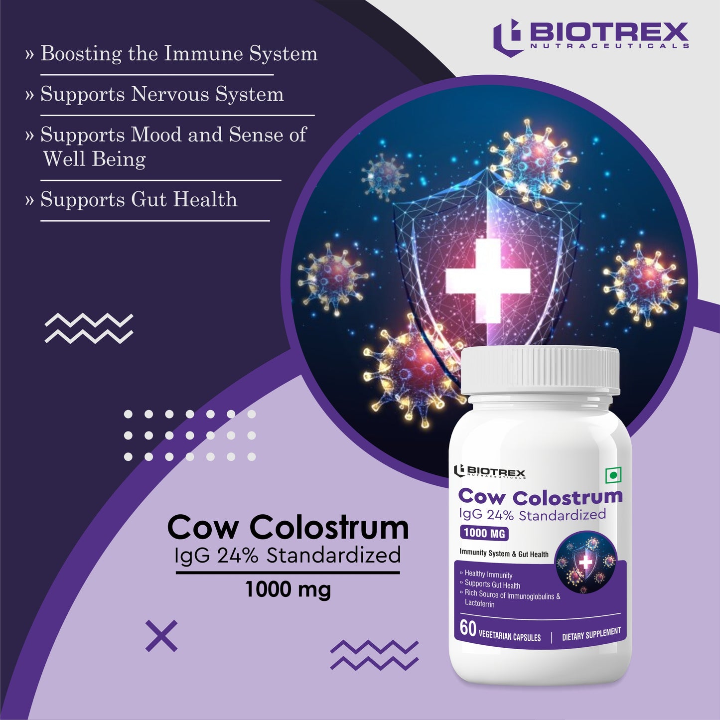 Biotrex Cow Colostrum 1000mg, 24% IgG, Supports Gut Health & Immune Health - 60 Vegetarian Capsules