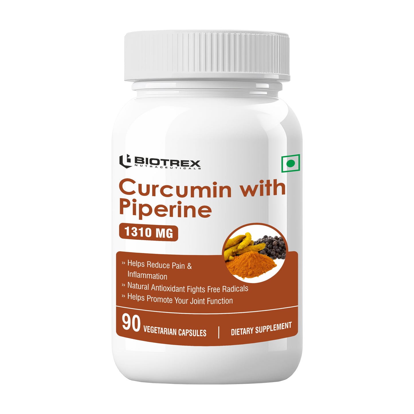 Biotrex Curcumin With Piperine 1310mg, 95% Curcuminoids Supplement For Better Absorption, Good For Skin Health & Joint Pain, Healthy Immunity, For Men & Women - 90 Vegetarian Capsules