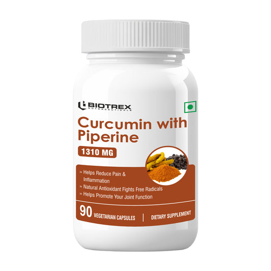 Biotrex Nutraceuticals Curcumin With Piperine 1310mg, 95% Curcuminoids Supplement For Better Absorption, Good For Skin Health & Joint Pain, Healthy Immunity, For Men & Women - 90 Vegetarian Capsules