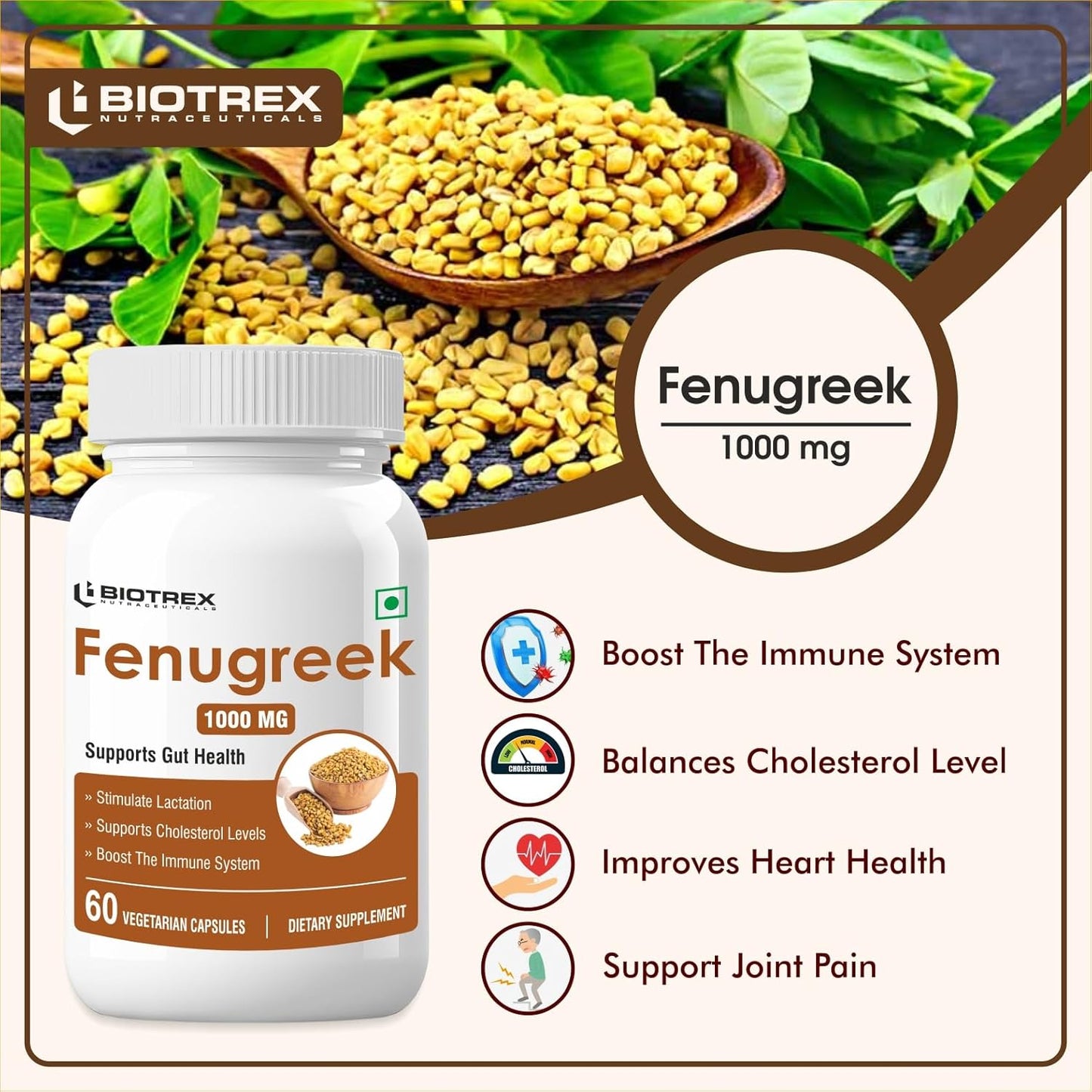 Biotrex Fenugreek 1000mg - 60 Capsules