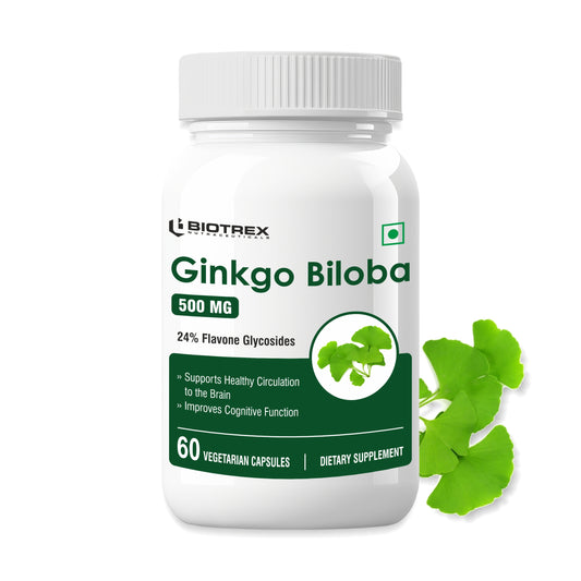 Biotrex Ginkgo Biloba With Brahmi 500mg, Supports Memory & Better Concentration, Healthy Blood Circulation, 24% Flavone Glycosides - 60 Vegetarian Capsules