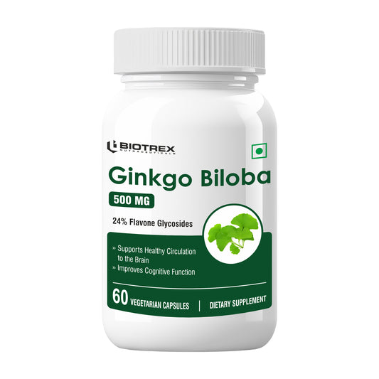 Biotrex Ginkgo Biloba With Brahmi 500mg, Supports Memory & Better Concentration, Healthy Blood Circulation, 24% Flavone Glycosides - 60 Vegetarian Capsules