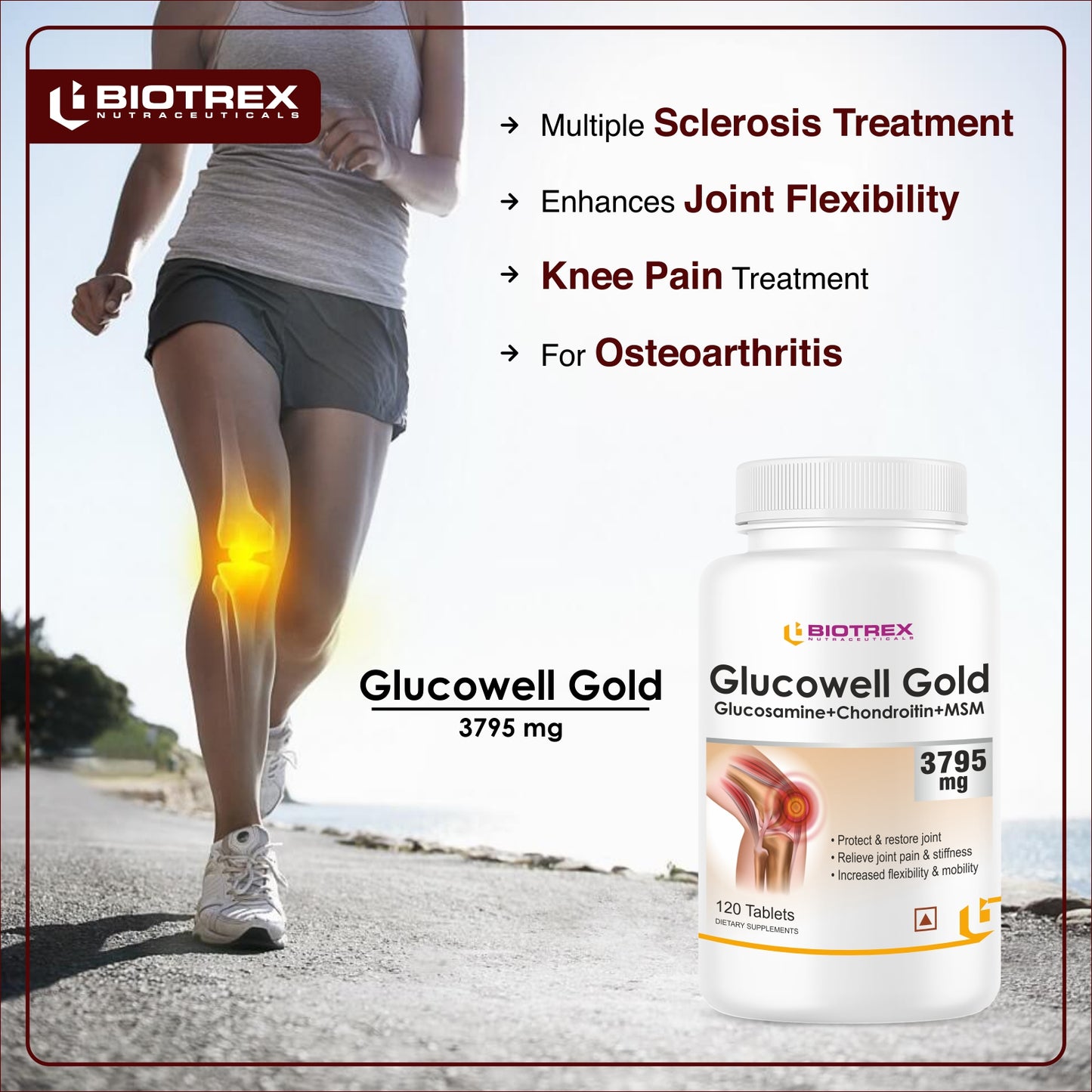 Biotrex Nutraceuticals Glucowell GOLD Glucosamine+ Chondroitin + MSM 3795mg - Maximum strength of Glucosamine with MSM (120 Tablets)