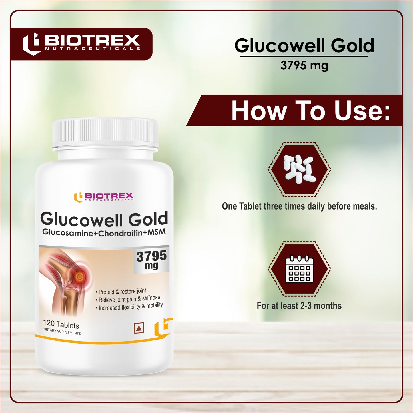 Biotrex Nutraceuticals Glucowell GOLD Glucosamine+ Chondroitin + MSM 3795mg - Maximum strength of Glucosamine with MSM (120 Tablets)