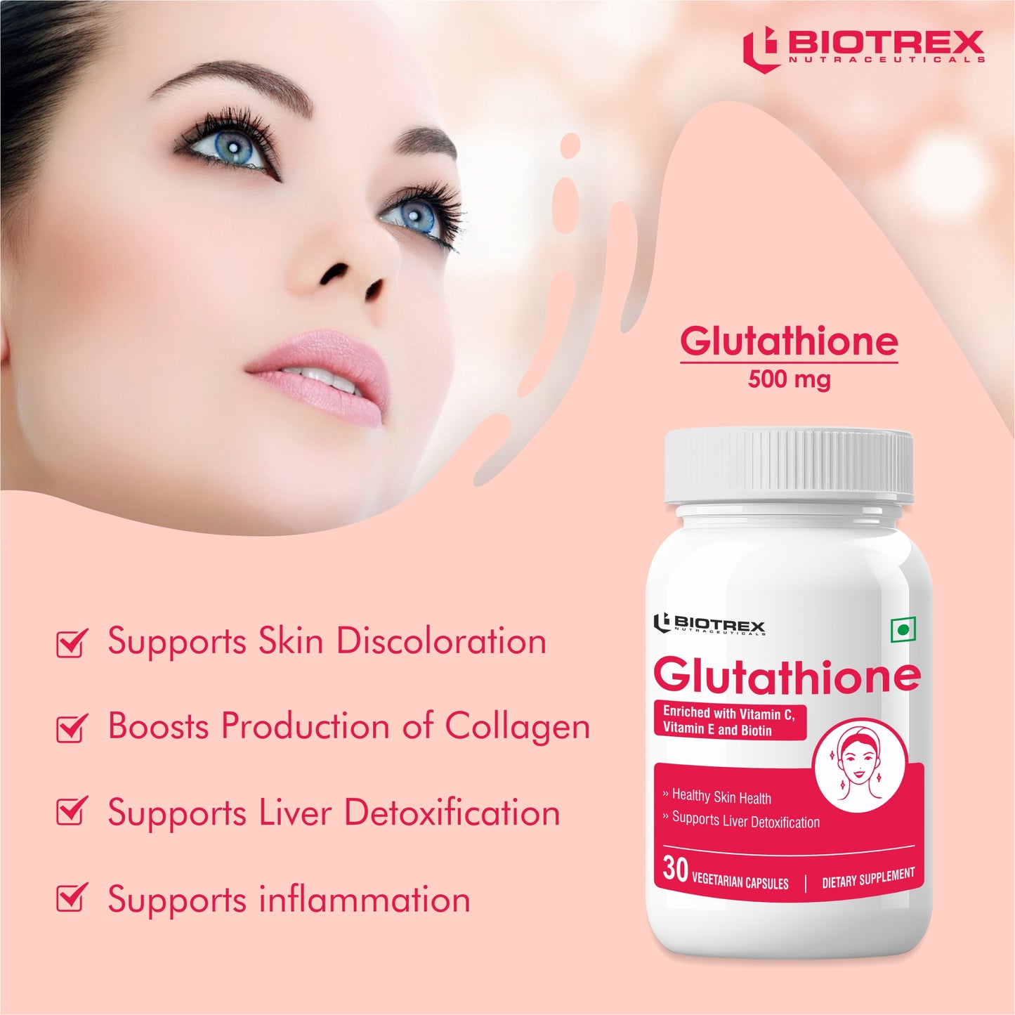 Biotrex Glutathione With Vitamin C & E, Biotin, Grape Seed Extract, Alpha Lipoic Acid, L-Lysine For Healthy Skin Health, Antioxidant Supplement - 30 Vegetarian Capsules