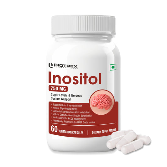 Biotrex Nutraceuticals Myo Inositol 750mg, Pcos, Brain & Nerve Health, 99% High Purity Grade Inositol, Fat Metabolism - 60 Vegetarian Capsules