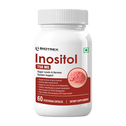 Biotrex Nutraceuticals Myo Inositol 750mg, Pcos, Brain & Nerve Health, 99% High Purity Grade Inositol, Fat Metabolism - 60 Vegetarian Capsules