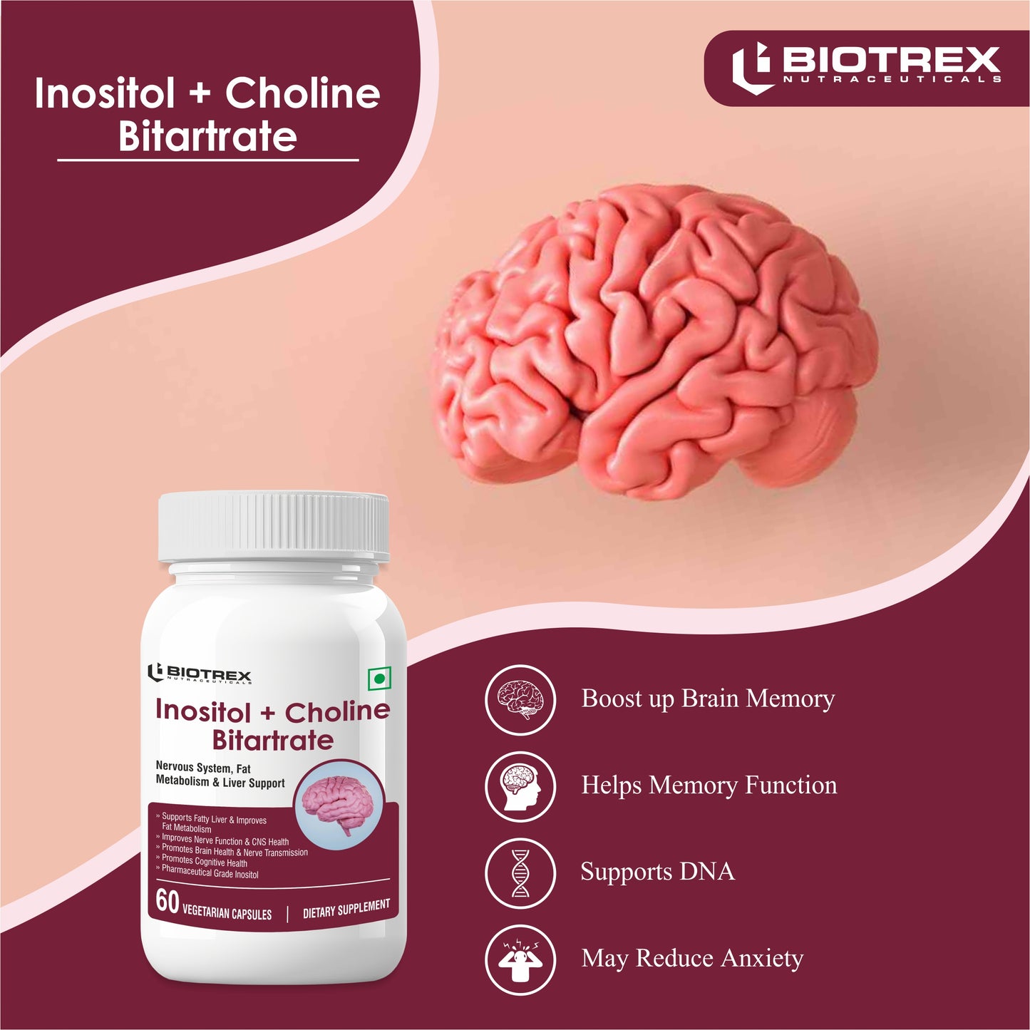 Biotrex Myo Inositol & Choline Bitartrate 750mg Complex, Healthy Brain & Nervous System, 99% High Purity Grade Inositol - 60 Vegetarian Capsules