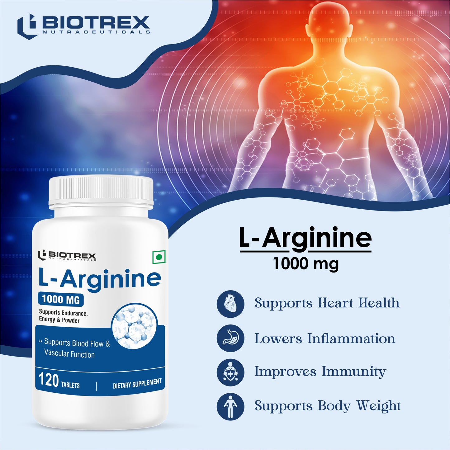 Biotrex L-Arginine 1000mg Supplement, Nitric Oxide Production & Muscle Growth - 120 Tablets