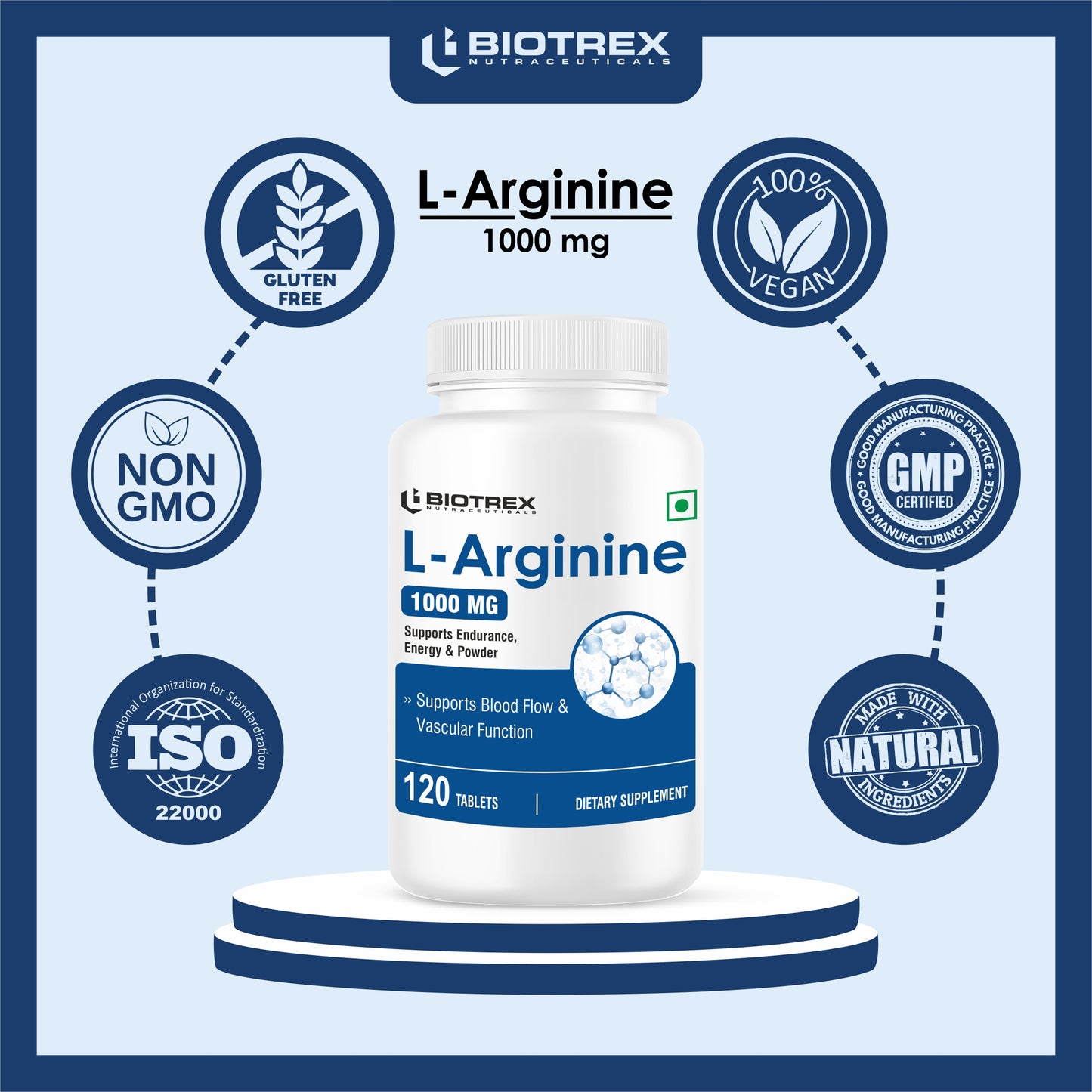 Biotrex L-Arginine 1000mg Supplement, Nitric Oxide Production & Muscle Growth - 120 Tablets