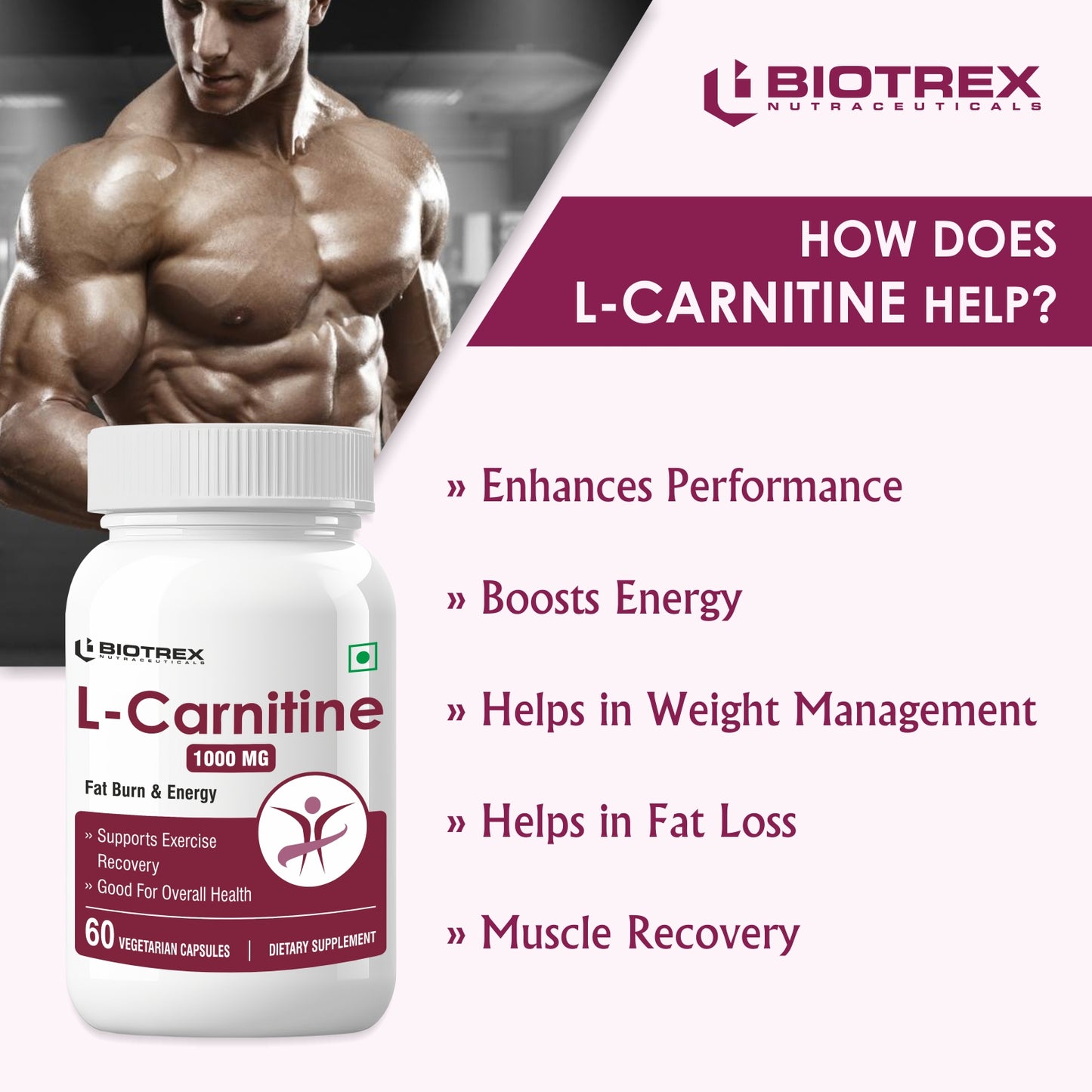 Biotrex L-Carnitine For Supports Muscles Recovery, Fat Burn & Energy 1000 mg | 60 Capsules