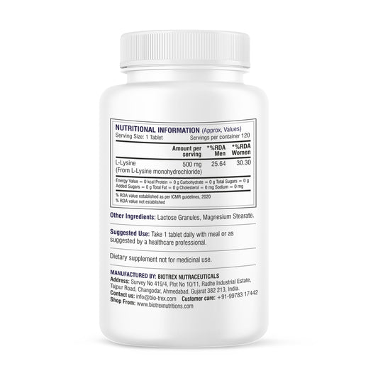 Biotrex L-Lysine 500mg, From L-Lysine Monohydrochloride, Healthy Immune Function - 120 Tablets