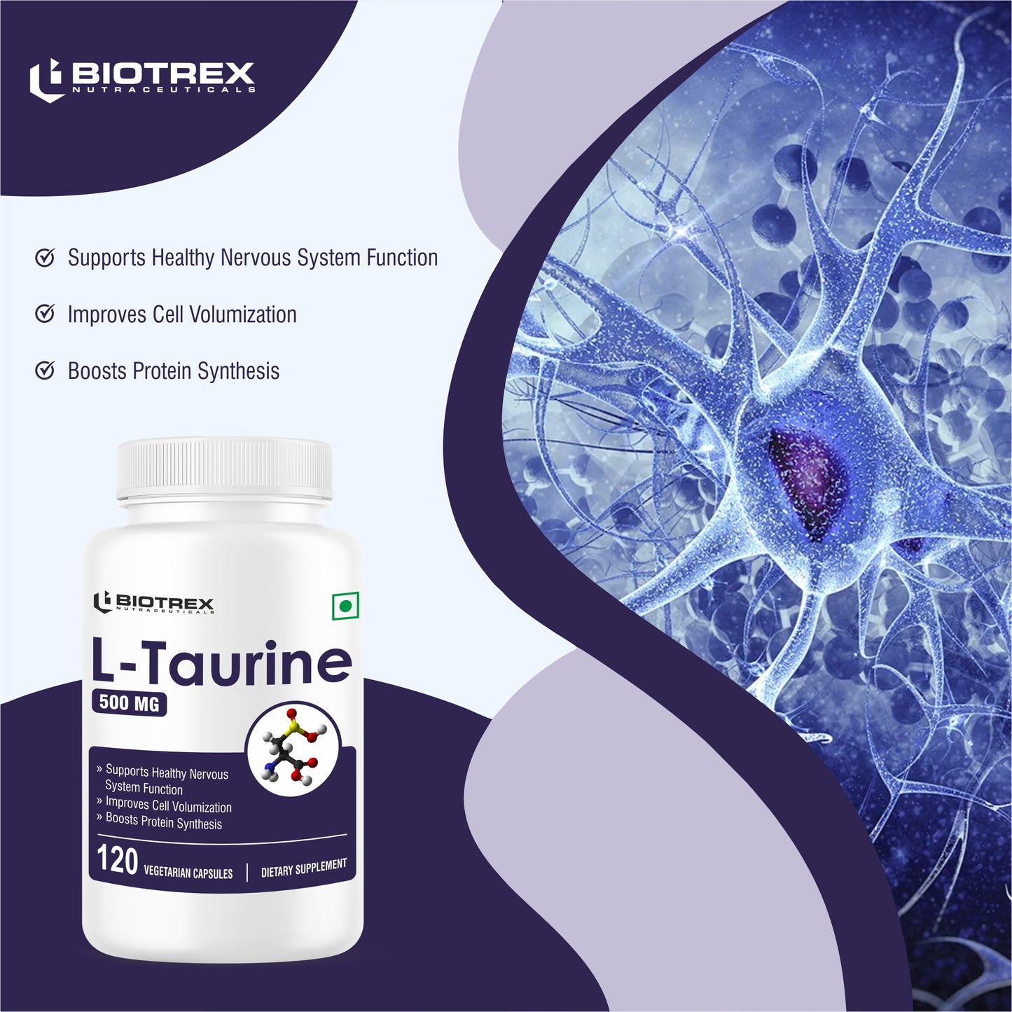 Biotrex L-Taurine 500mg Supplement, Energy, Heart, Brain & Eye Health Support, Cardiovascular system, 120 Vegetarian Capsules