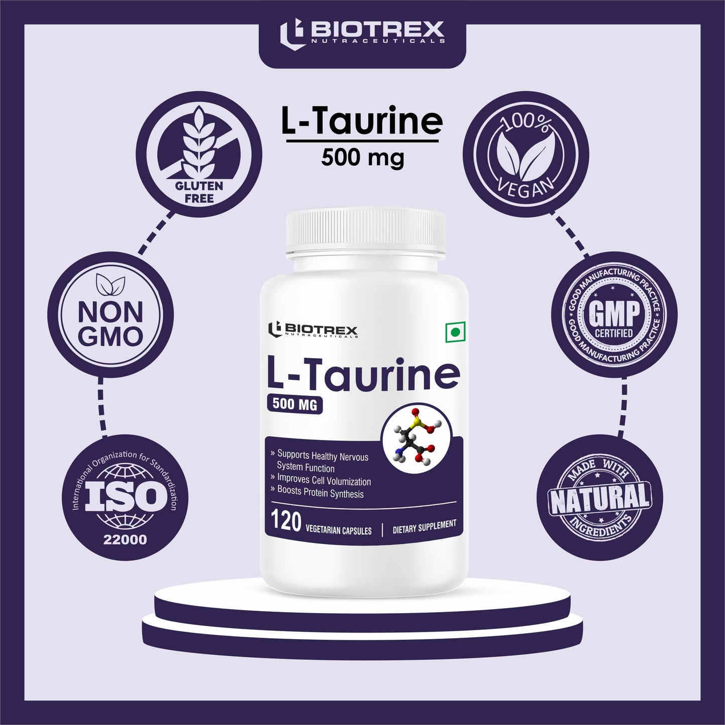 Biotrex L-Taurine 500mg Supplement, Energy, Heart, Brain & Eye Health Support, Cardiovascular system, 120 Vegetarian Capsules