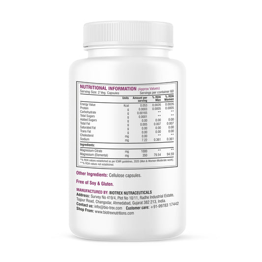 Biotrex Nutraceuticals Magnesium Citrate Supplement, Supports Bone & Sleep Health - 120 Vegetarian Capsules