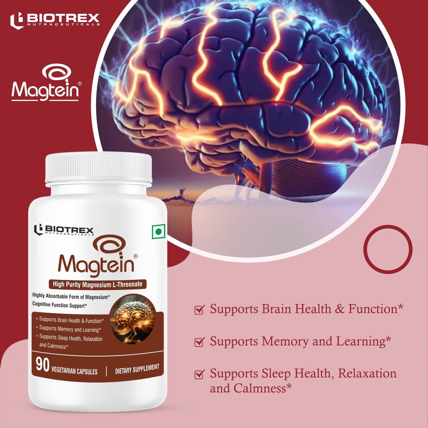 Biotrex Magtein Magnesium L-Threonate Supplement, Highly Bioavailable Form of Magnesium, Supports Sleep Health And Cognitive Function - 90 Veg Capsules