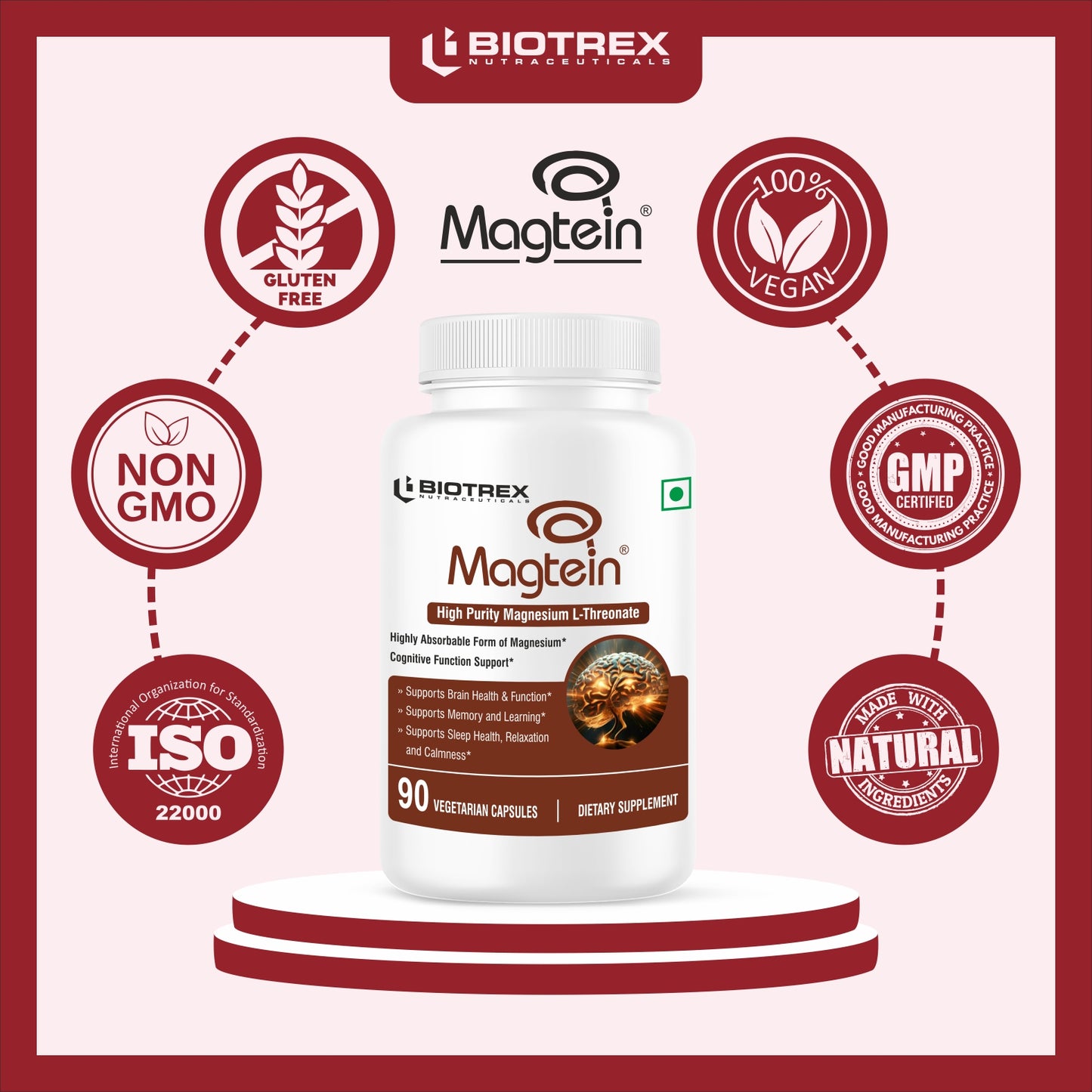 Biotrex Magtein Magnesium L-Threonate Supplement, Highly Bioavailable Form of Magnesium, Supports Sleep Health And Cognitive Function - 90 Veg Capsules