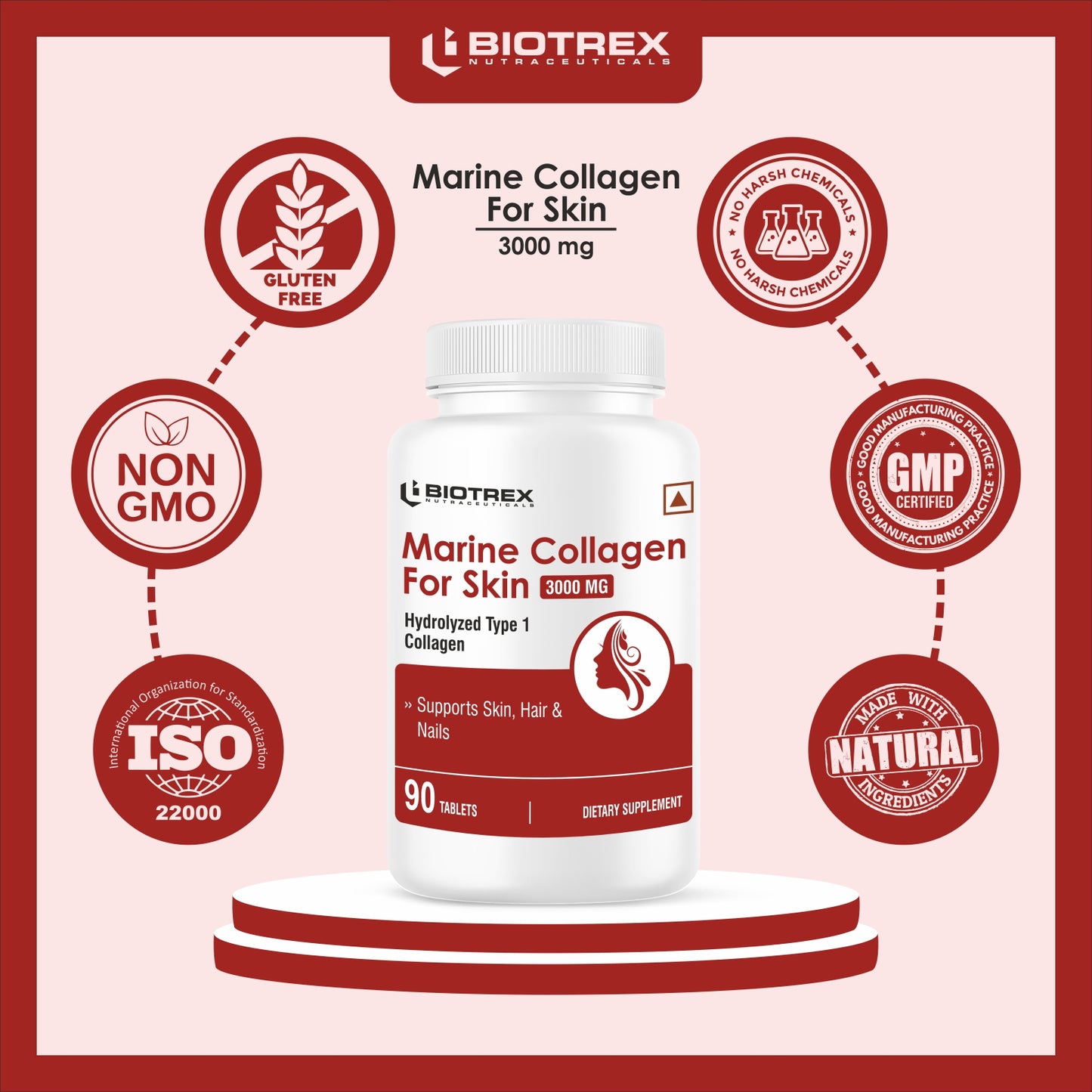 Biotrex Marine Collagen 3000mg Peptides With Biotin, Hyaluronic Acid, Vitamin C & E, Type 1 Marine Collagen, Healthy Hair, Skin, Nails, For Men & Women - 90 Tablets