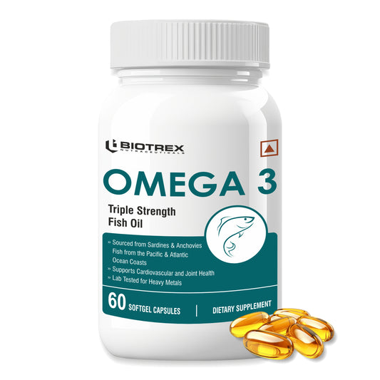 Biotrex Omega 3 Triple Strength Fish Oil Enriched With Salmon Fish Oil (Omega 3), EPA, DHA, Astaxanthin, Evening Primrose Oil - 60 Softgel Capsules