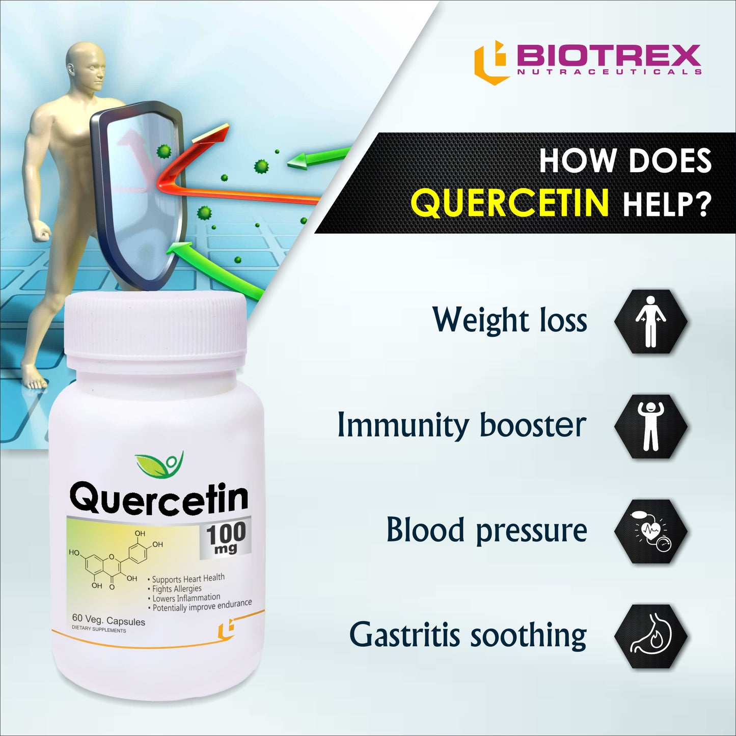 Biotrex Quercetin 100mg - 60 Capsules Cardiovascular Health, Anti-Inflammatory Effects, Anti-Inflammatory Effects & Immune System Support