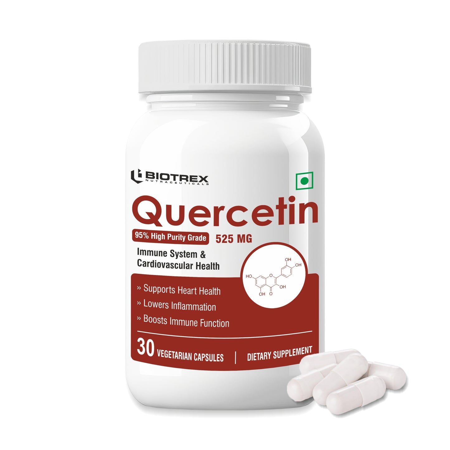 Biotrex Quercetin 525 mg Supplement With 95% High Purity Grade, Supports Joint & Cardiovascular Health - 30 Vegetarian Capsules