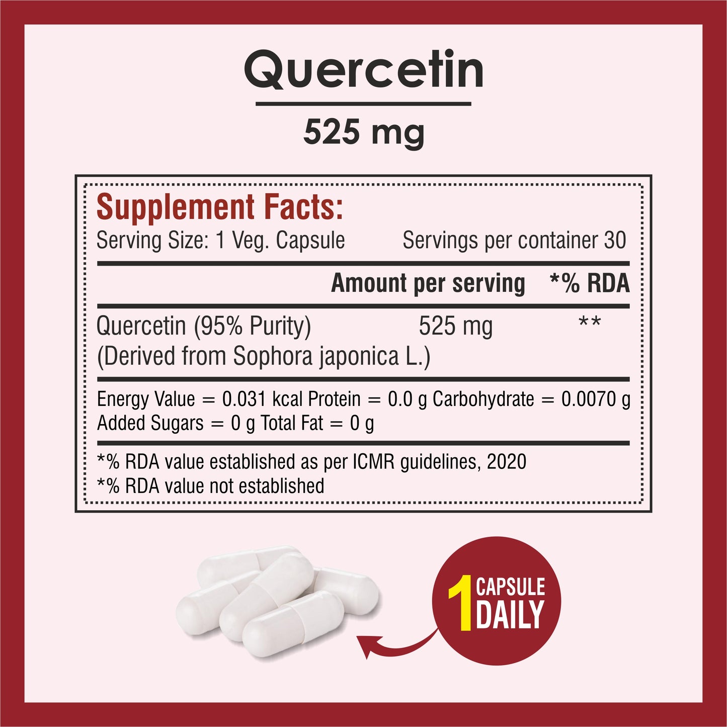 Biotrex Quercetin 525 mg Supplement With 95% High Purity Grade, Supports Joint & Cardiovascular Health - 30 Vegetarian Capsules