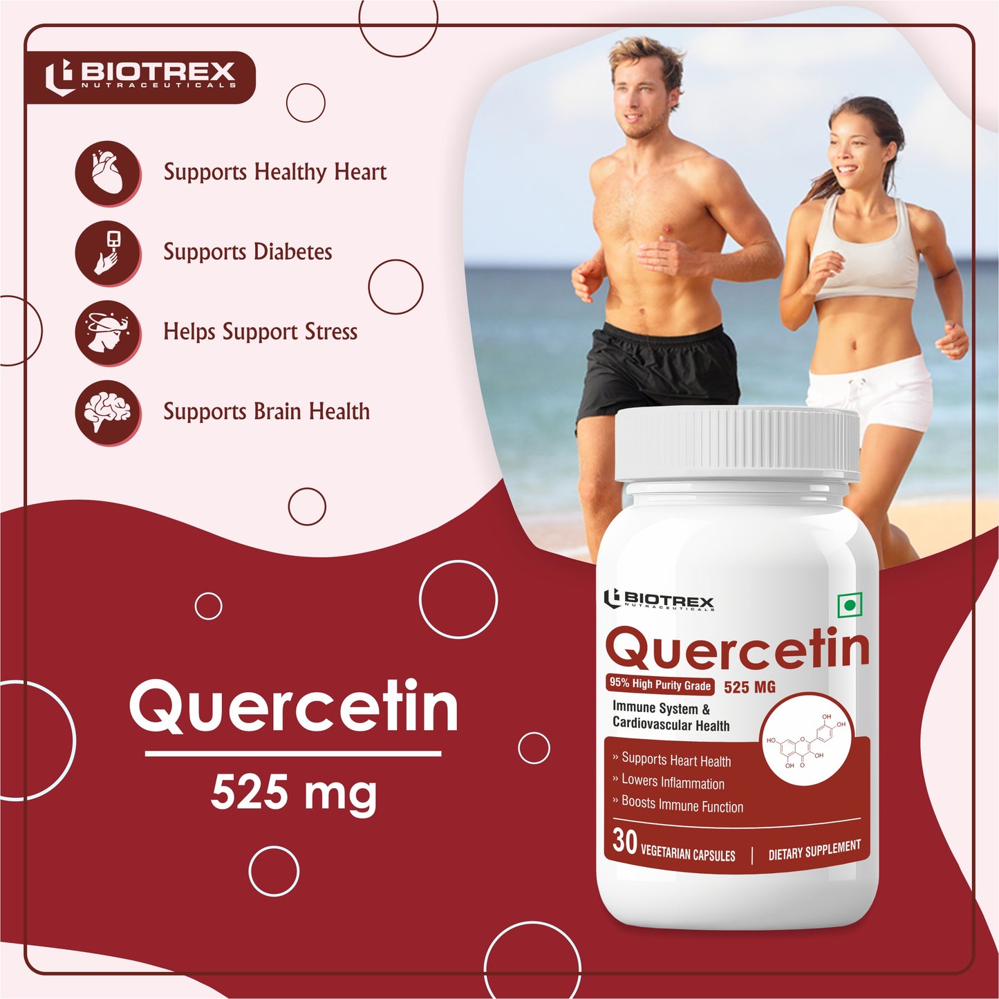 Biotrex Quercetin 525 mg Supplement With 95% High Purity Grade, Supports Joint & Cardiovascular Health - 30 Vegetarian Capsules