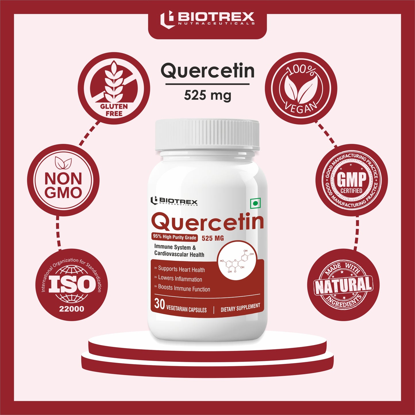 Biotrex Quercetin 525 mg Supplement With 95% High Purity Grade, Supports Joint & Cardiovascular Health - 30 Vegetarian Capsules