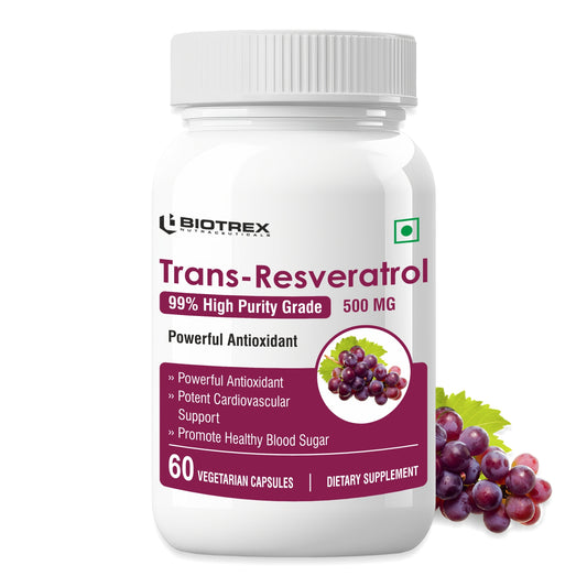 Biotrex Resveratrol 500mg - 60 Capsules Cognitive Health, Skin Health, Antioxidant Support & Cardiovascular Health