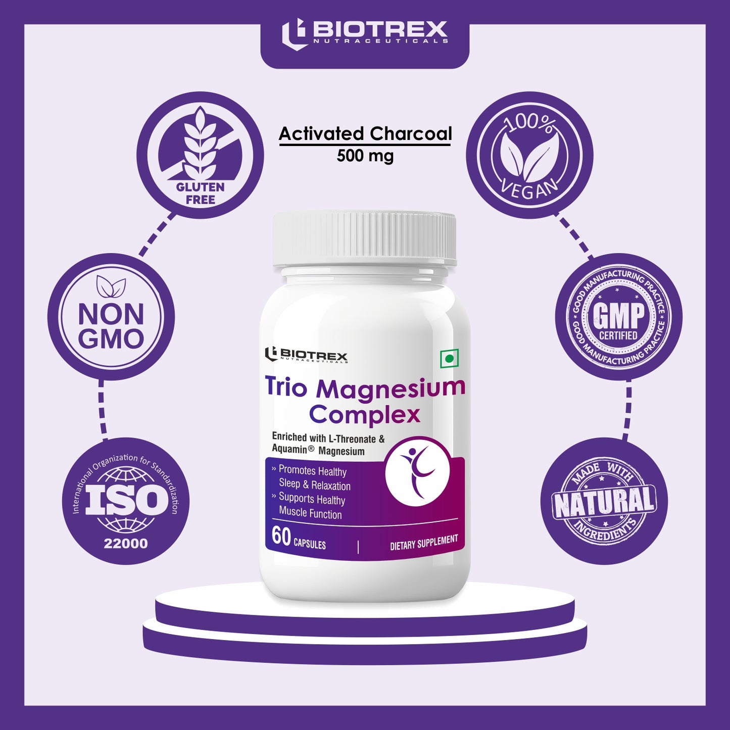 Biotrex Trio Magnesium Complex Enriched With Magnesium L- Threonate, Aquamin Citrate & Magnesium Glycinate, Highly Bioavailable Forms of Magnesium, Supports Healthy Nerve & Brain Health, Supports Healthy Sleep - 60 Veg Capsules