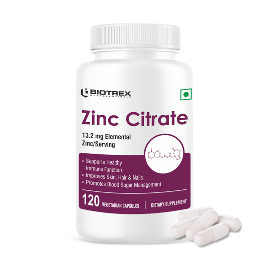 Biotrex Zinc Citrate Supplement With High Purity, Supports Healthy Skin, Hair & Nails, Immune Health - 120 Veg Capsules