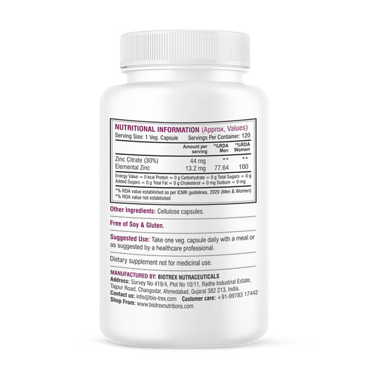 Biotrex Zinc Citrate Supplement With High Purity, Supports Healthy Skin, Hair & Nails, Immune Health - 120 Veg Capsules